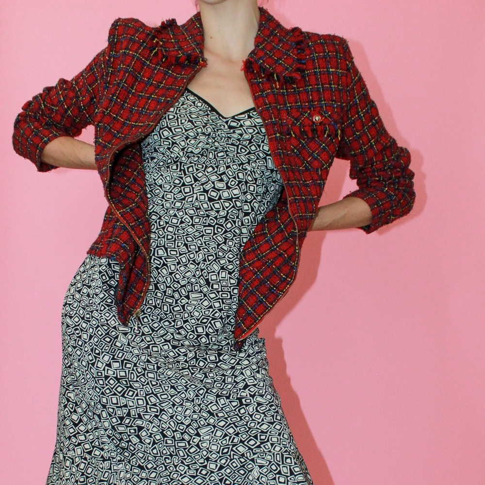VTG 90s y2k Red/Black Plaid Tweed Fringe Boucle Zip-Up Blazer